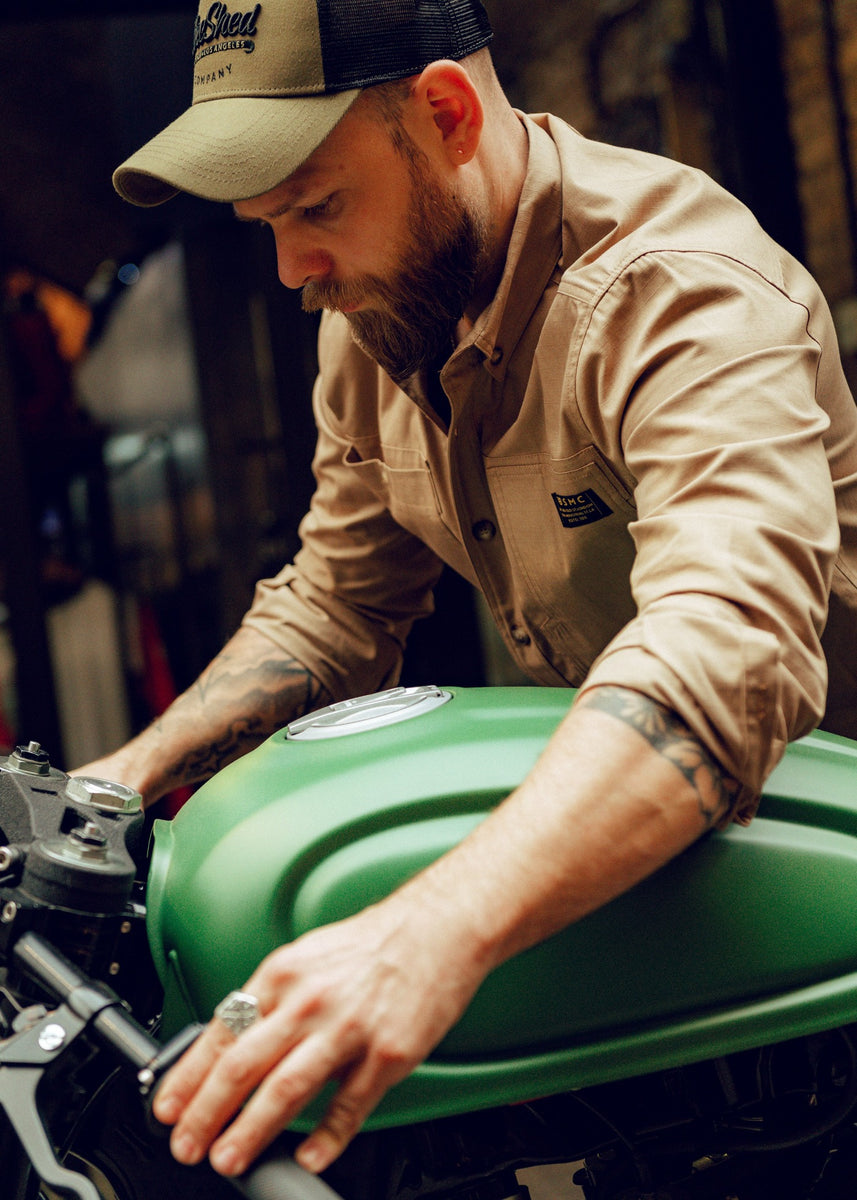 Jimbo wearing our BSMC Ripstop Utility Shirt MKII - TAN