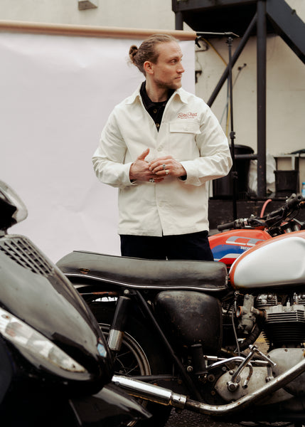 Steve wearing our BSMC Chain Chore Jacket - Ecru