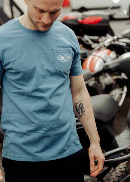 Steve wearing our Bike Shed Motorcycle Co. Embroidered Pocket T Shirt - Blue
