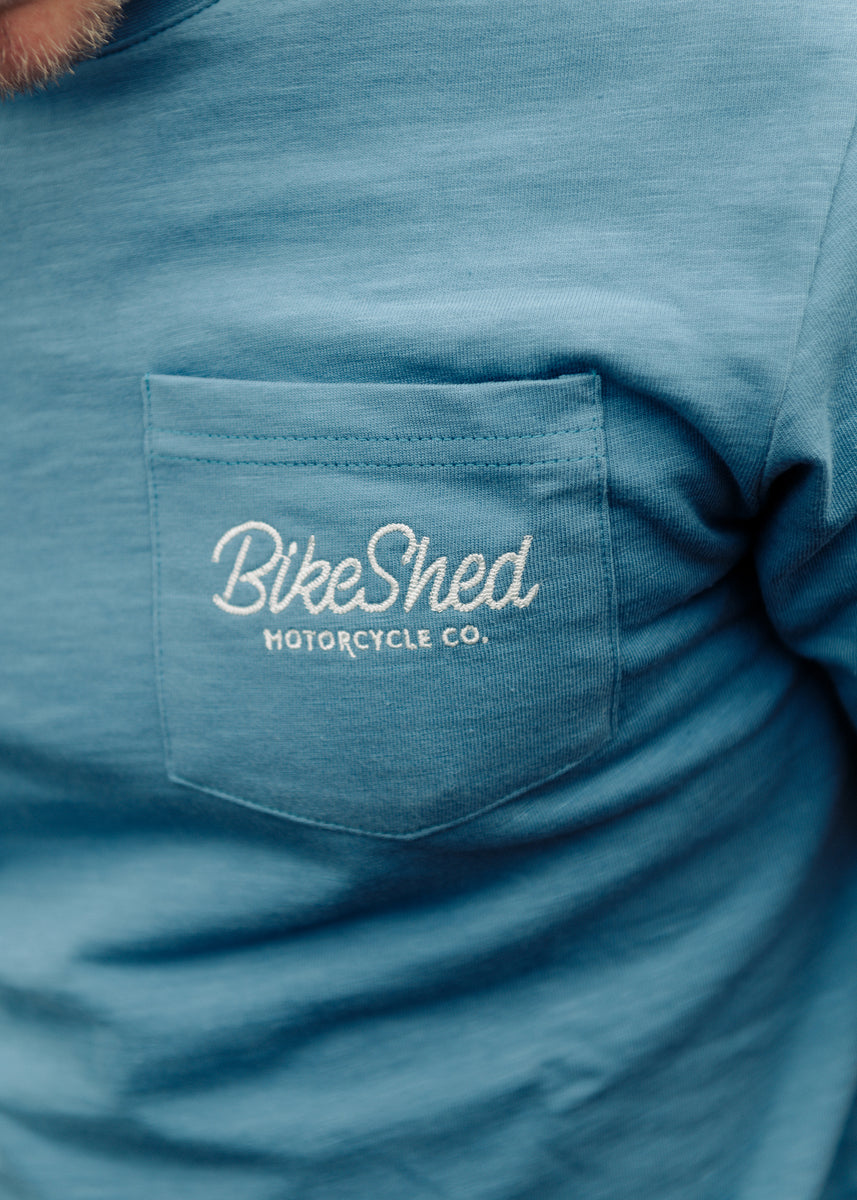 Bike Shed Motorcycle Co. Embroidered Pocket T Shirt - Blue, pocket & logo close up