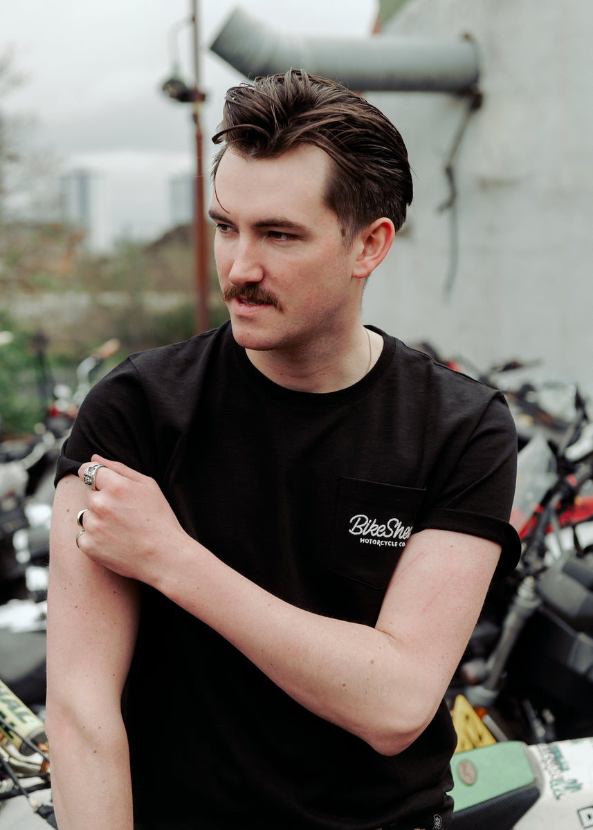Joe wearing our BSMC Logo Chain Embroidered T Shirt - Black