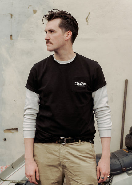 Joe posing in our BSMC Logo Chain Embroidered T Shirt - Black