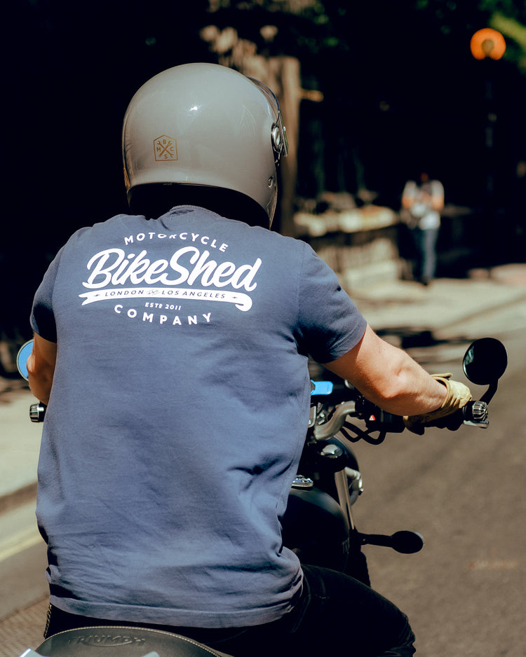 Steve riding while wearing our BSMC Company T-Shirt - Navy