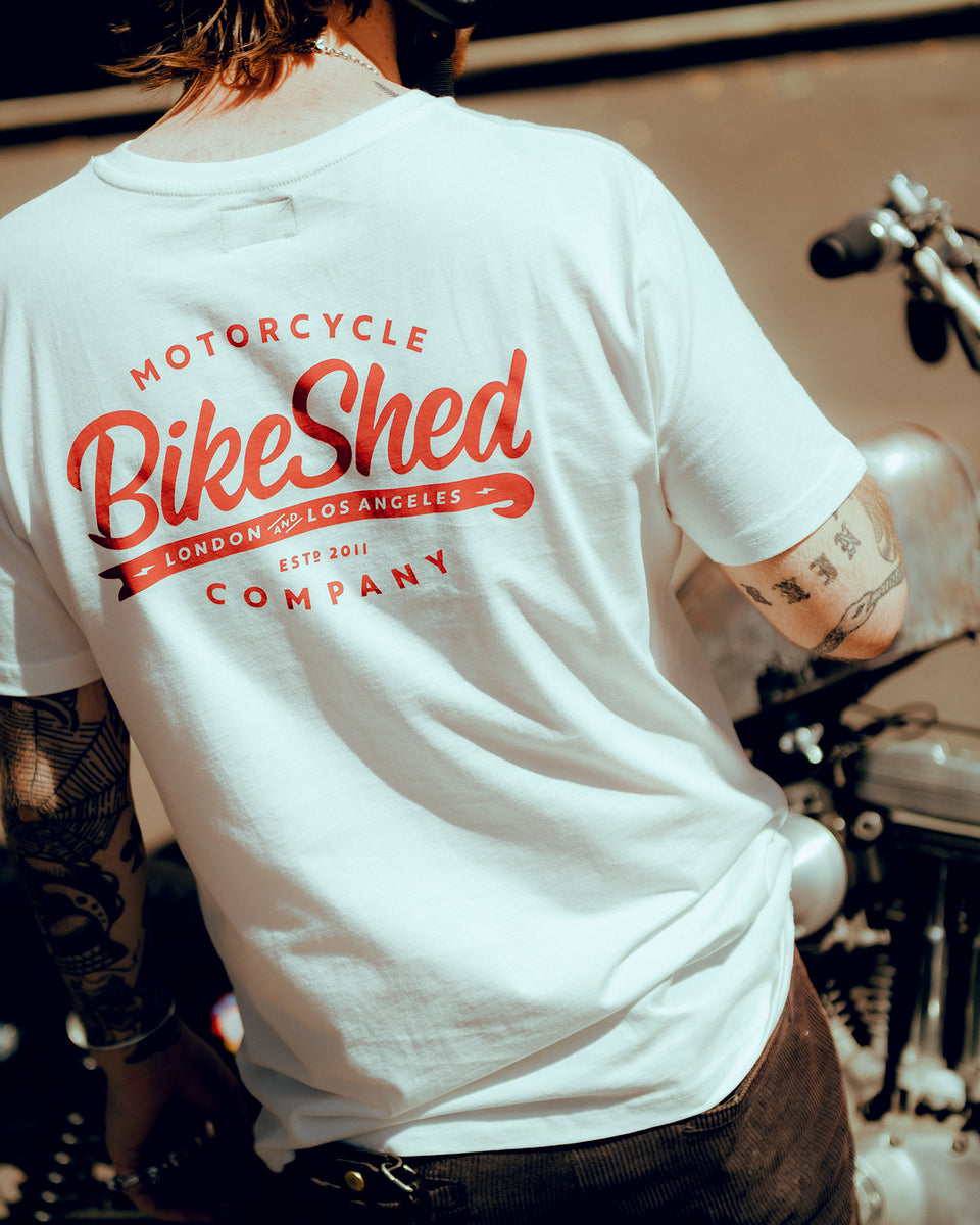 James wearing our Bike Shed Moto Co. Company T-Shirt - Off White