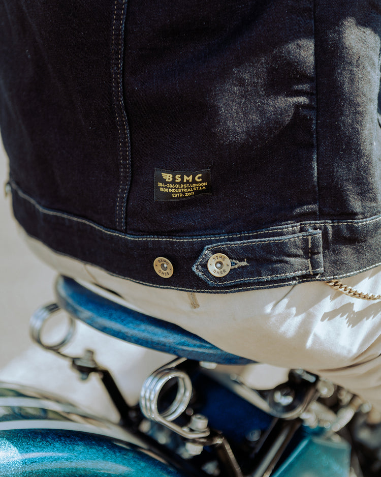 BSMC Denim Jacket - Resistant Indigo, small rear logo close up on John
