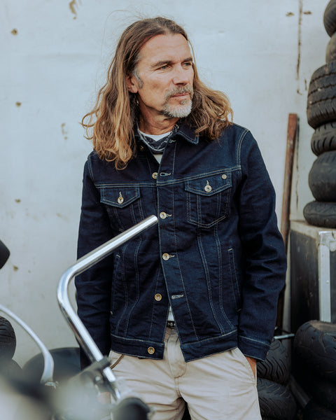 John wearing our BSMC Denim Jacket - Resistant Indigo