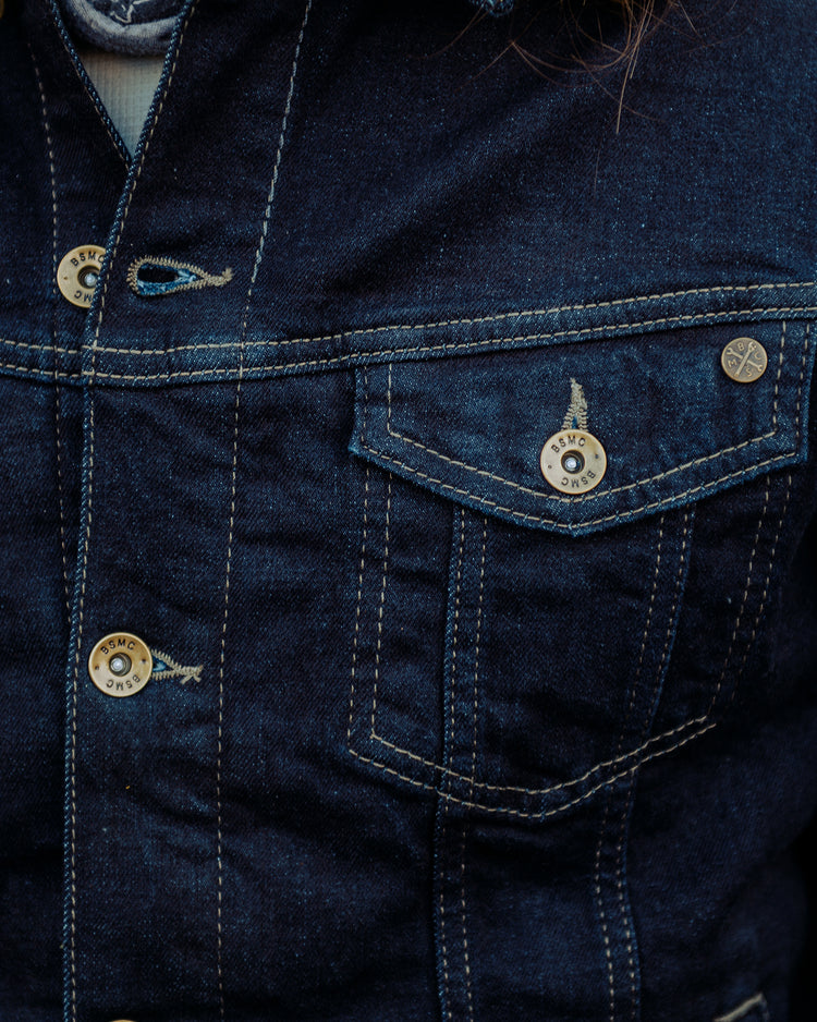 BSMC Denim Jacket - Resistant Indigo, pocket detail and pin on John