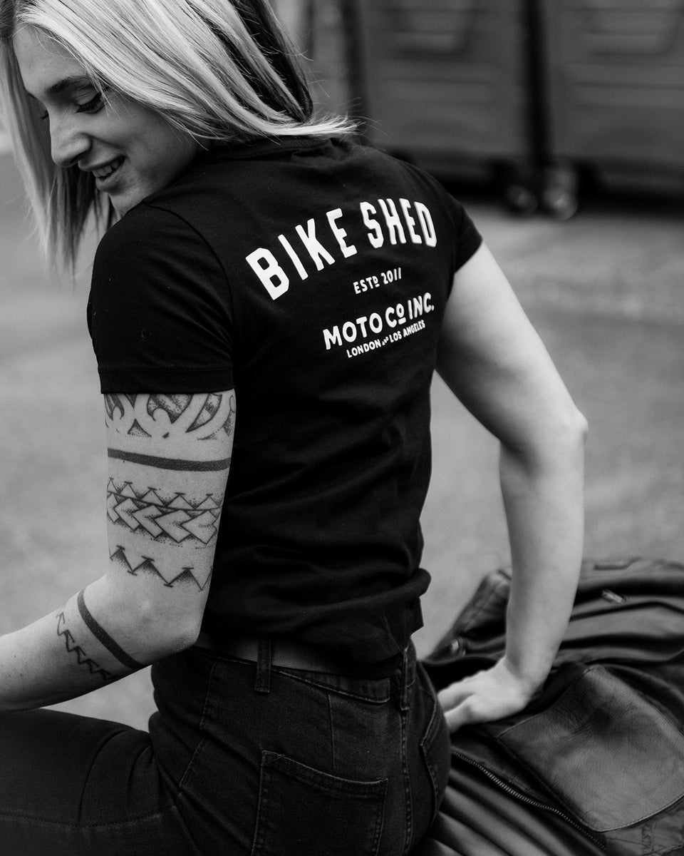 Model wearing our BSMC Women's ESTD. Pocket T Shirt - Black