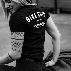 Model wearing our BSMC Women's ESTD. Pocket T Shirt - Black