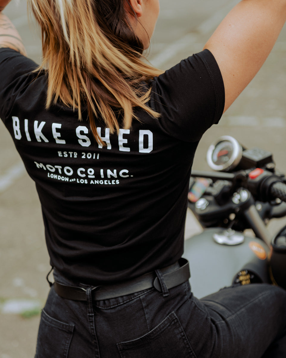 Model wearing our BSMC Women's ESTD. Pocket T Shirt - Black