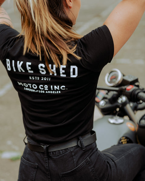 Model wearing our BSMC Women's ESTD. Pocket T Shirt - Black