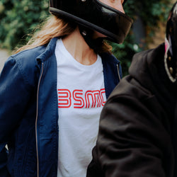 Leoma being a pillion wearing our BSMC Women's '77 T Shirt - White/Red