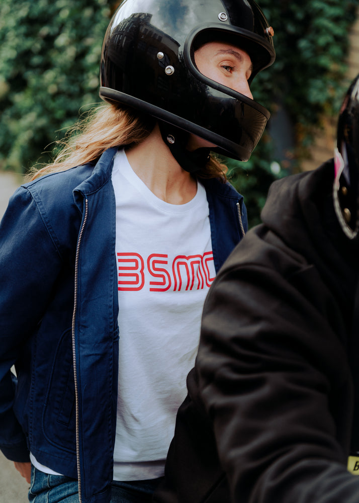 Leoma being a pillion wearing our BSMC Women's '77 T Shirt - White/Red