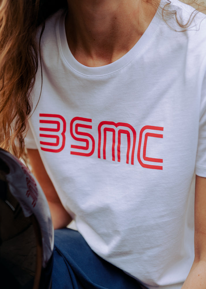 Leoma wearing our BSMC Women's '77 T Shirt - White/Red
