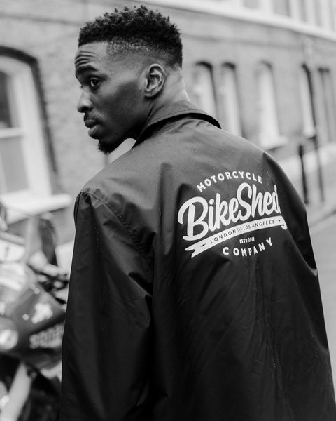 Model wearing BSMC Company Coach Motorcycle Jacket - Black