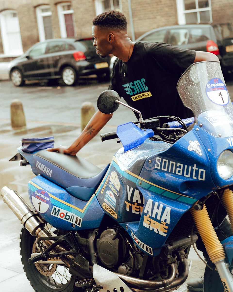 Model wearing our BSMC XT Motorcycle Logo T-Shirt  - Black