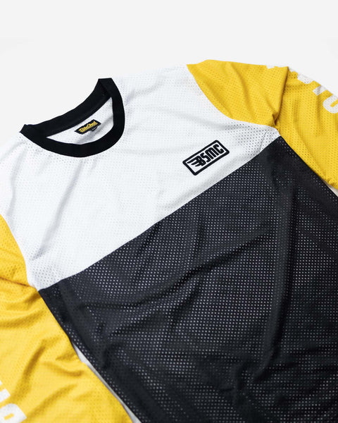 BSMC DT Motorcycle Race Jersey - Yellow, White & Black, side on close up