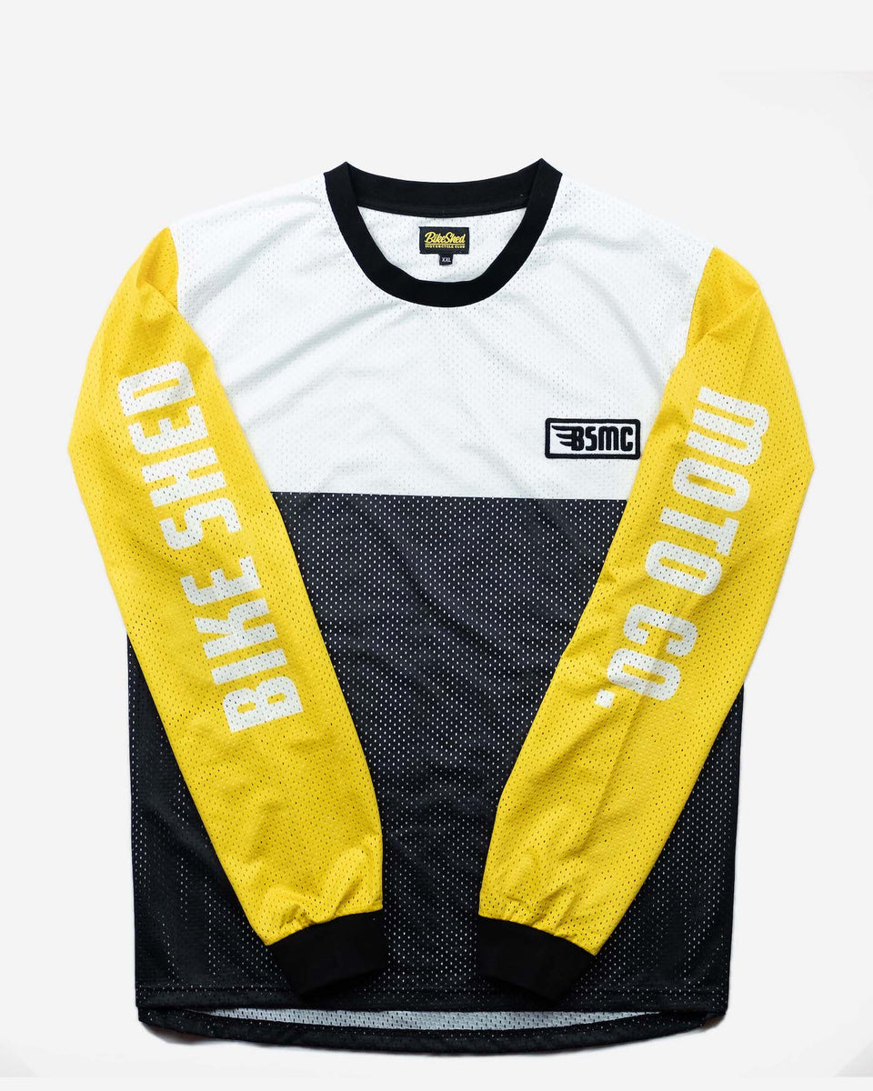 BSMC DT Motorcycle Race Jersey - Yellow, White & Black, front, sleeves showing
