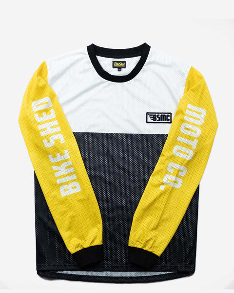 BSMC DT Motorcycle Race Jersey - Yellow, White & Black, front, sleeves showing