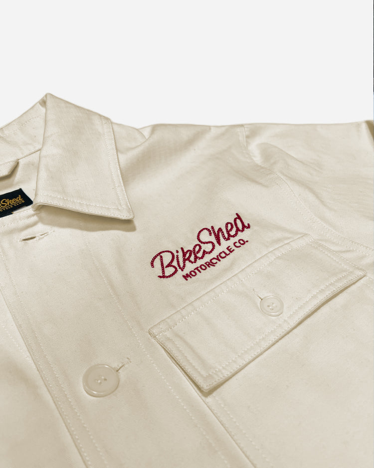 BSMC Chain Stitch Chore Jacket - Ecru, logo close up