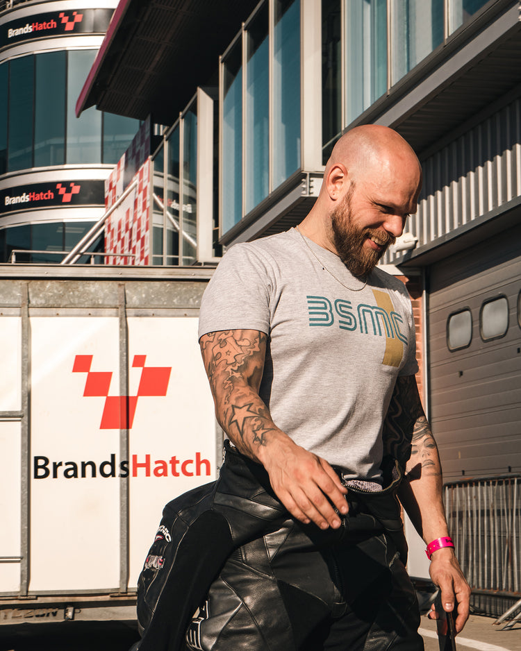 Jimbo wearing BSMC '77 T Shirt - Grey at our Brands Hatch track day