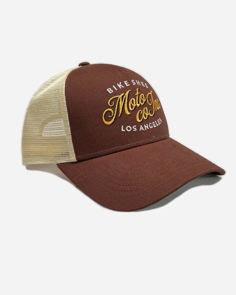 Bike Shed Moto Co Los Angeles Embroidered Baseball Hat - Brown, side on
