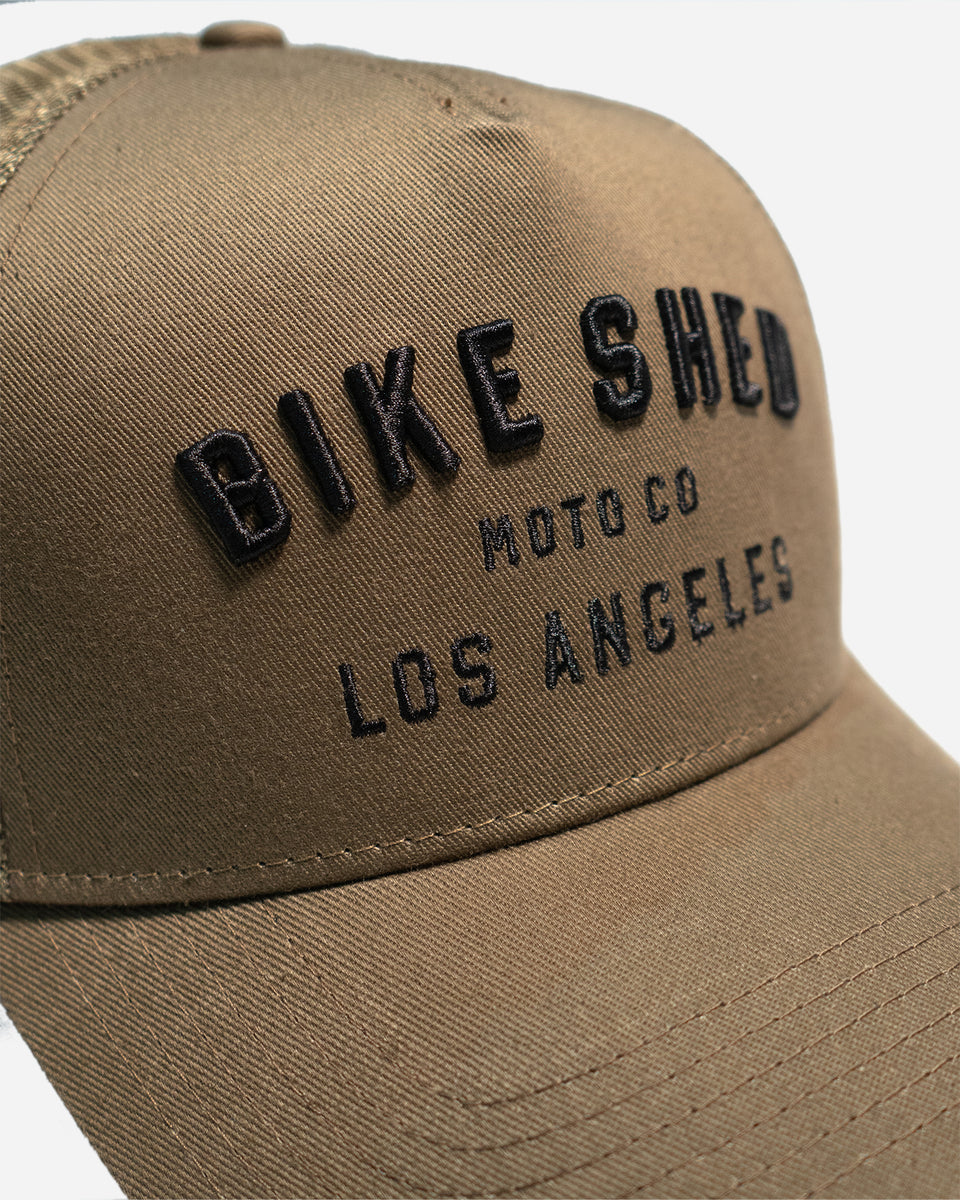 Motorcycle Los Angeles embroidered logo baseball hat - Khaki Green, logo close up