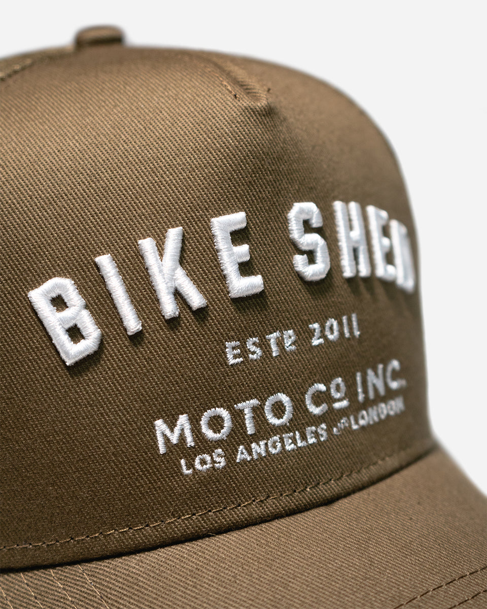 Bike Shed ESTD. Embroidered Baseball Hat - Khaki, logo close up