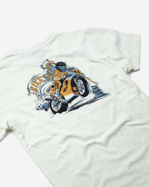 BSMC Track Wolf Motorcycle Graphic T Shirt- Off White, back side on