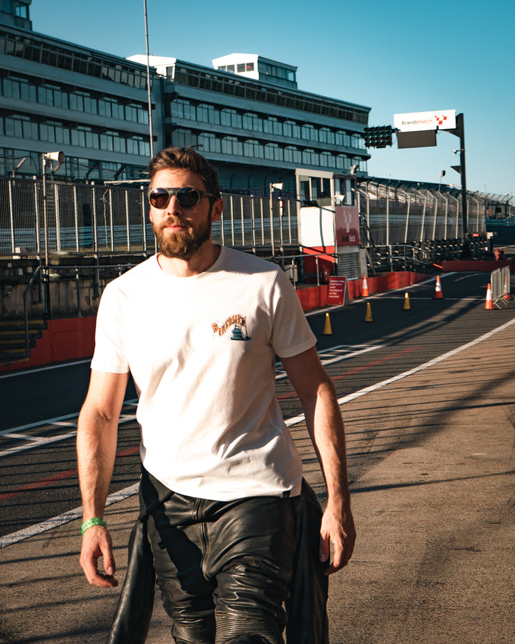 Alen wearing our BSMC Track Wolf T Shirt - Off White at a track day