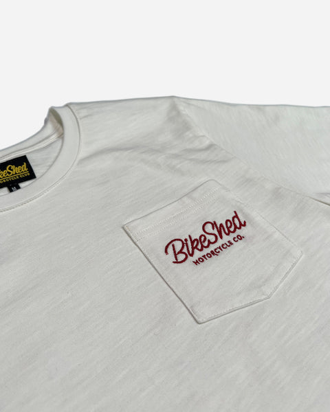 BSMC Logo Chain embroidered T Shirt - Off White, pocket close up