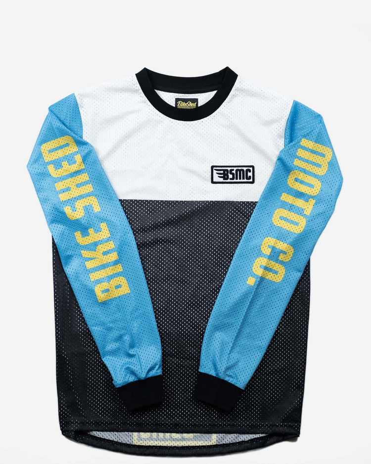 BSMC XT Race Jersey - BLUE/WHITE/BLACK, front showing sleeves