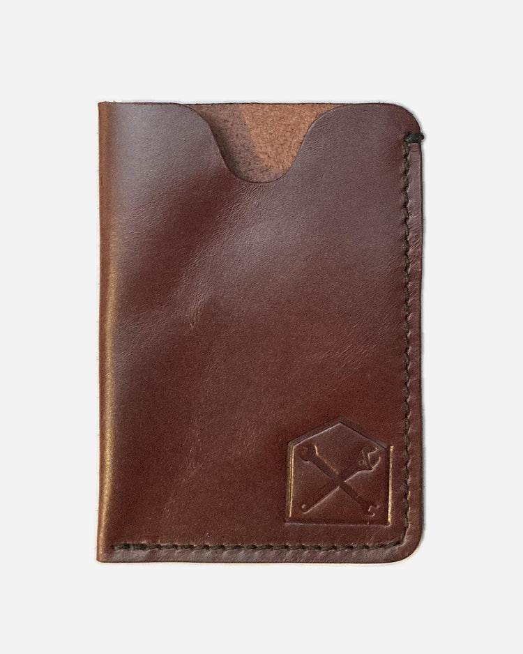 BSMC Booth leather card wallet with shed and spanners logo - Oxblood, front