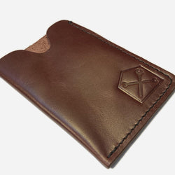 BSMC Booth leather card wallet with shed and spanners logo - Oxblood, front close up
