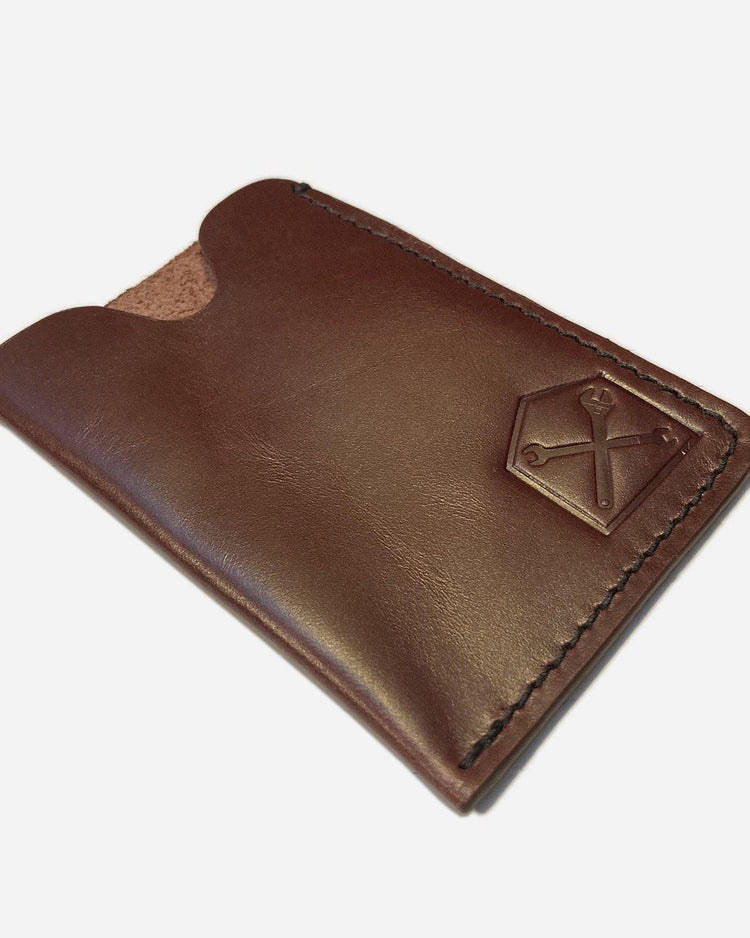 BSMC Booth leather card wallet with shed and spanners logo - Oxblood, front close up