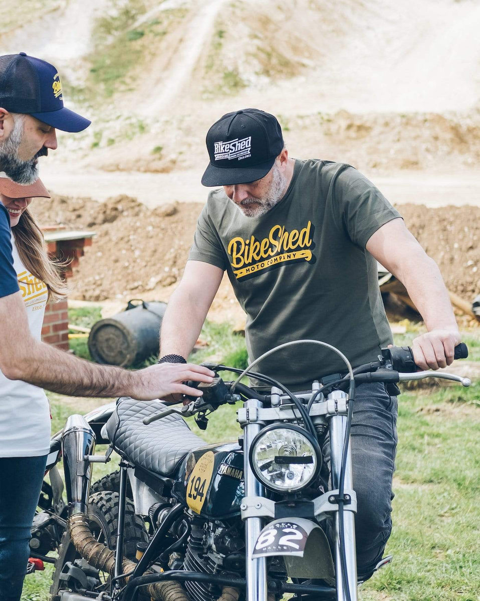 Dan inspecting his Yamaha wearing our BSMC Classic T-Shirt - Green