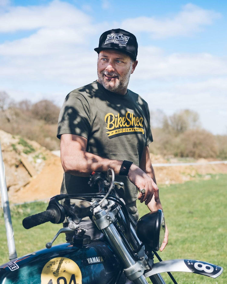 Dan standing in the sun with his Yamaha wearing our BSMC Classic T-Shirt - Green