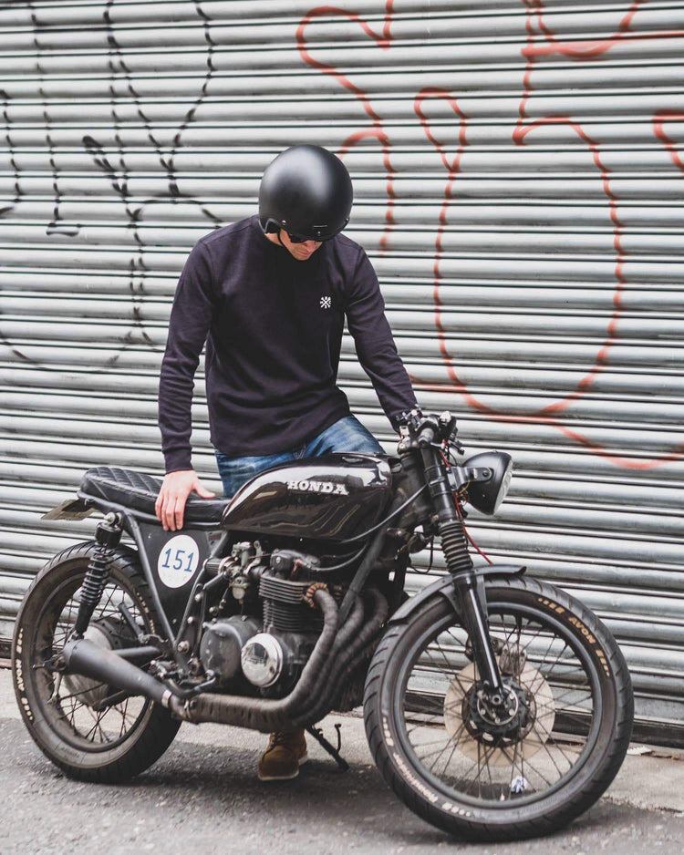 Harry with his Honda CB500 wearing our BSMC Embroidered Club Waffle - Black