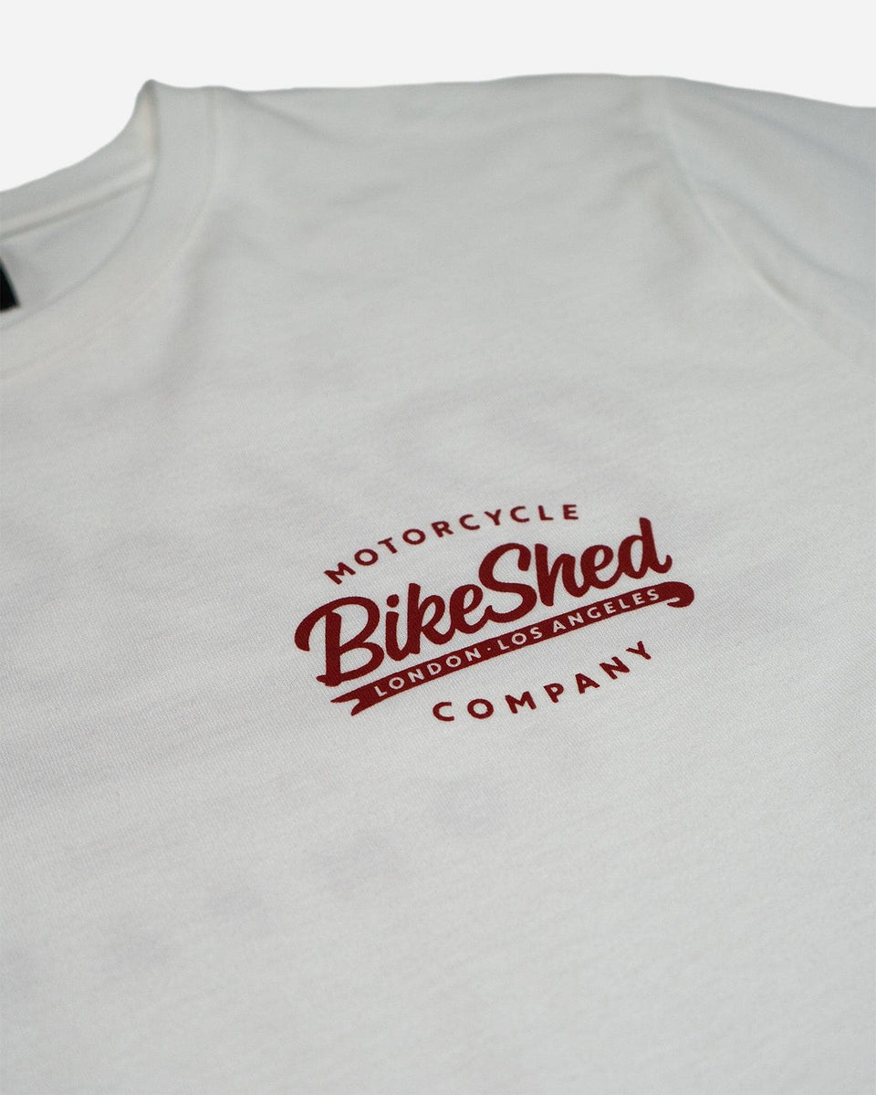 Bike Shed Moto Co. Company T-Shirt - Off White, logo close up