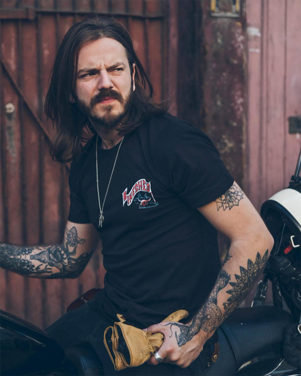 Simon wearing our BSMC Graphic Motorcycle T Shirt - Black