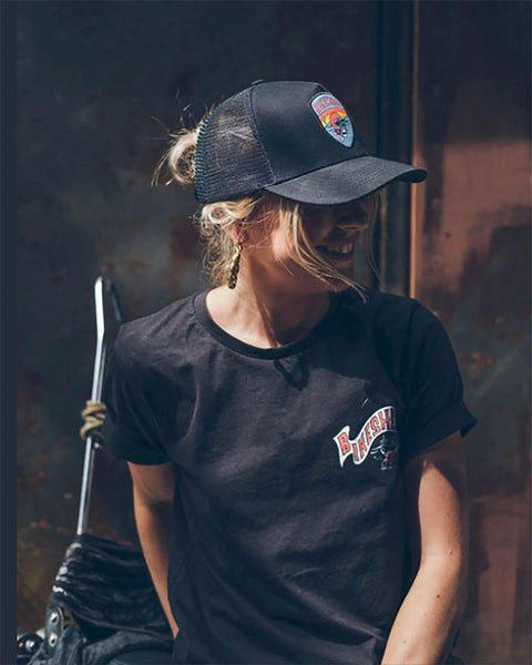 Lori wearing our BSMC Graphic Motorcycle T Shirt - Black & Dead Dakar Doug Cap - Black