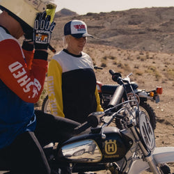 Mel wearing our BSMC DT Race Jersey - Yellow, White & Black out in the desert