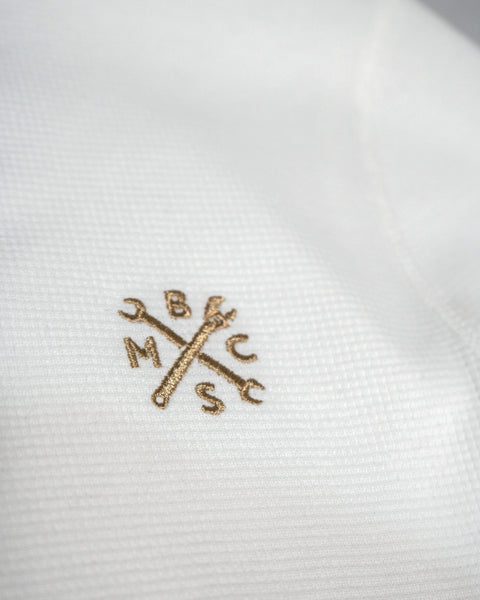 Embroidered Motorcycle Club Waffle Long Sleeve T-Shirt - Ecru, gold logo close up