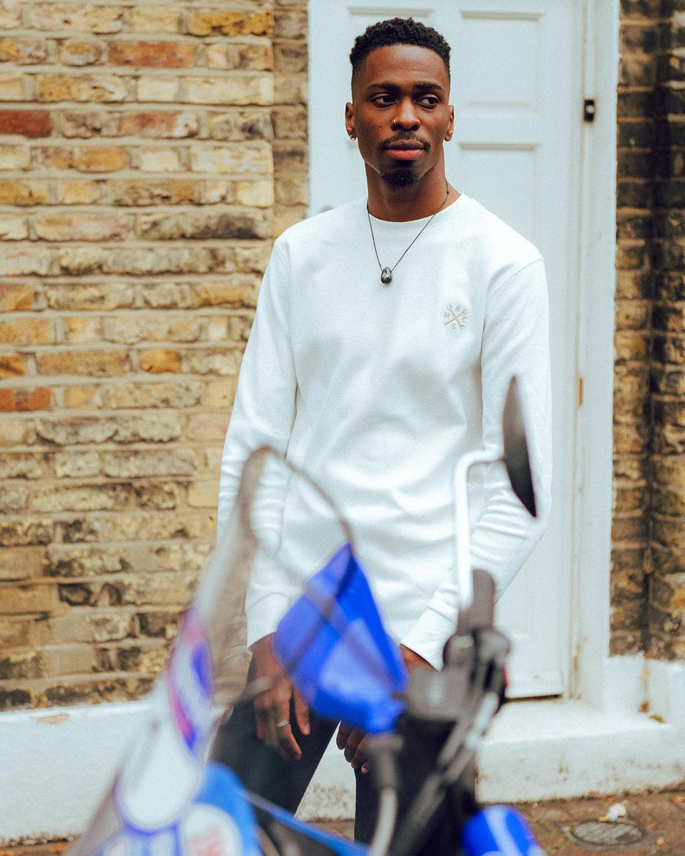 Model wearing our Embroidered Motorcycle Club Waffle Long Sleeve T-Shirt - Ecru