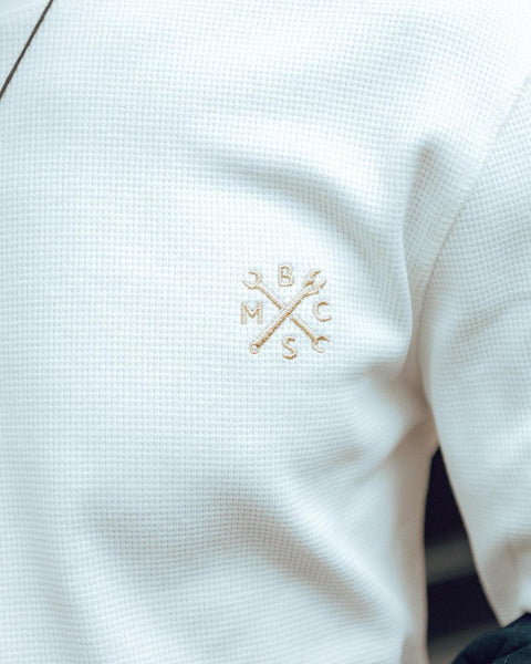 Embroidered Motorcycle Club Waffle Long Sleeve T-Shirt - Ecru, logo close up