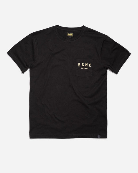 Motorcycle BSMC ESTD. Pocket T Shirt - Black & Gold, front