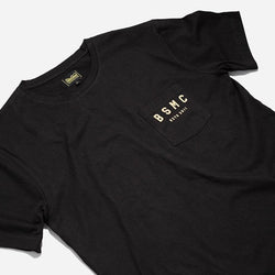 BSMC ESTD. Pocket T Shirt - Black & Gold, front close up