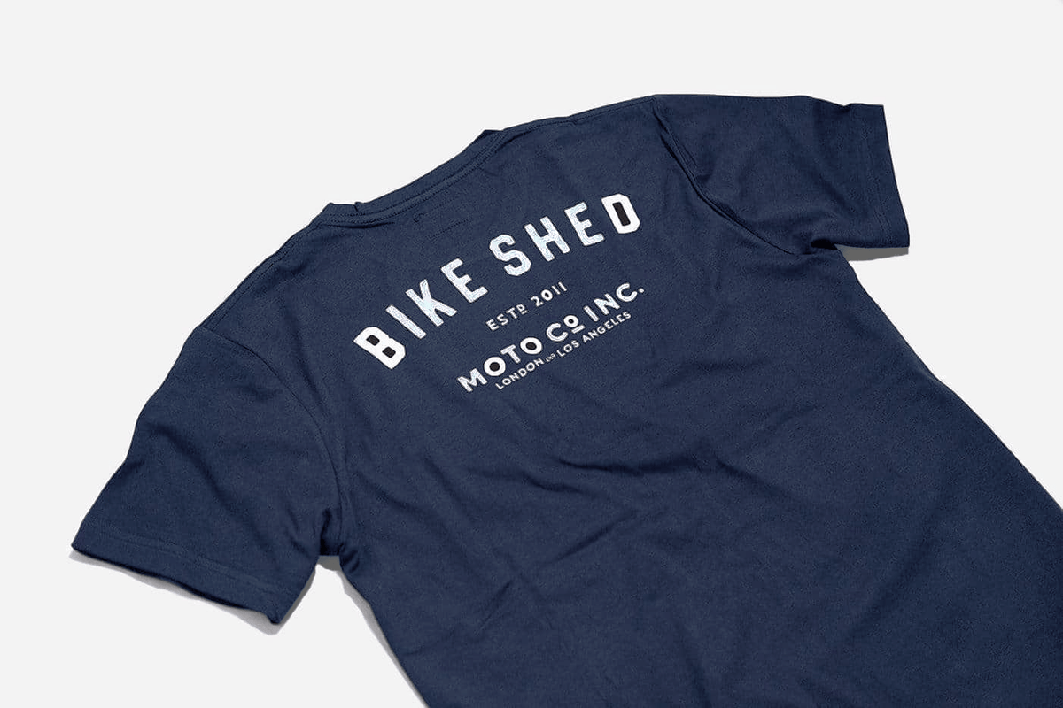 Motorcycle ESTD. Pocket T Shirt - Navy, back logo close up