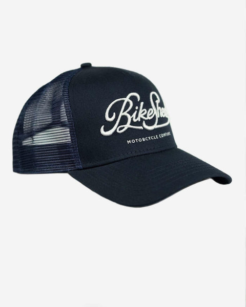 BSMC Motorcycle Garage Baseball Hat - Navy/White, side on