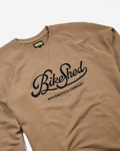 BSMC Motorcycle Garage Sweatshirt - Tan/Black, side on close up